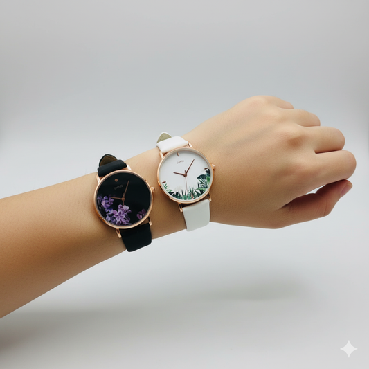 Stylish Leather Belt Watches for Girls – Combo Pack of 2, Round Dial with Floral Design, Alloy Case & Quartz Mechanism