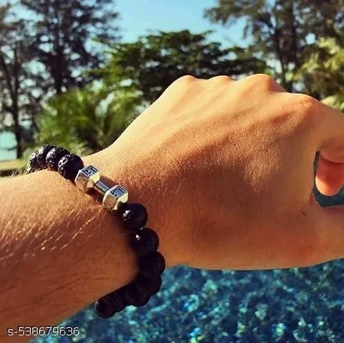 Black Dumbbell Bracelet for Men & Women – Adjustable Beaded Fitness Wristband, Stylish Gym Accessory & Motivational Jewelry