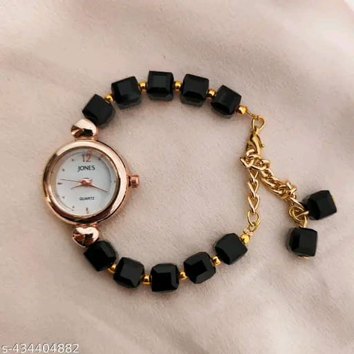 Stylish Black Crystal Beads Analog Watch β Rose Gold Dial, Trendy Timepiece for Women & Girls