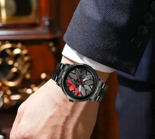 Men’s Sports Racing Rim Watch – Rotating Dial, Steel Band