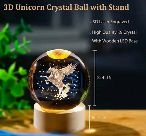 โจ Elegant 3D Engraved Unicorn Crystal Ball Night Light ๐ | Natural Wooden LED Base ๐ชต USB Powered Decorative Fantasy Lamp ๐ซ Perfect for Bedroom, Desk, Meditation & Premium Gifting ๐ (Pack of 1)