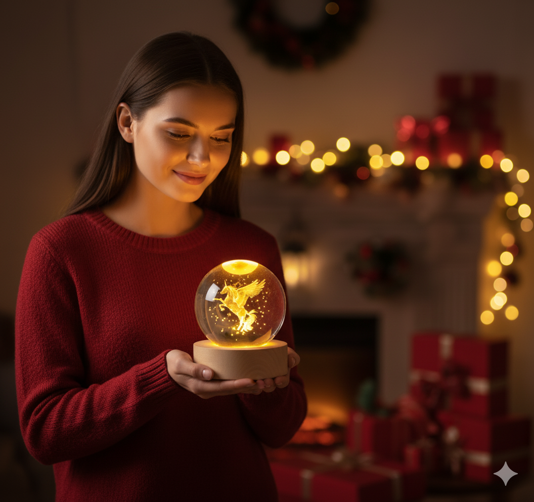 ✨ Elegant 3D Engraved Unicorn Crystal Ball Night Light 🌙 | Natural Wooden LED Base 🪵 USB Powered Decorative Fantasy Lamp 💫 Perfect for Bedroom, Desk, Meditation & Premium Gifting 🎁 (Pack of 1)