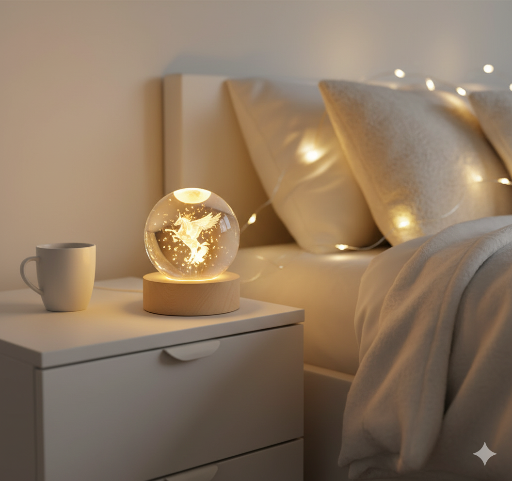 ✨ Elegant 3D Engraved Unicorn Crystal Ball Night Light 🌙 | Natural Wooden LED Base 🪵 USB Powered Decorative Fantasy Lamp 💫 Perfect for Bedroom, Desk, Meditation & Premium Gifting 🎁 (Pack of 1)