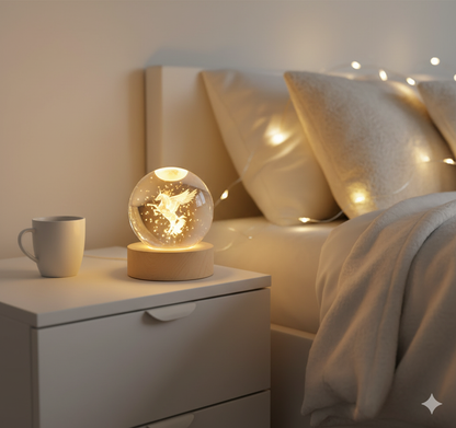 ✨ Elegant 3D Engraved Unicorn Crystal Ball Night Light 🌙 | Natural Wooden LED Base 🪵 USB Powered Decorative Fantasy Lamp 💫 Perfect for Bedroom, Desk, Meditation & Premium Gifting 🎁 (Pack of 1)