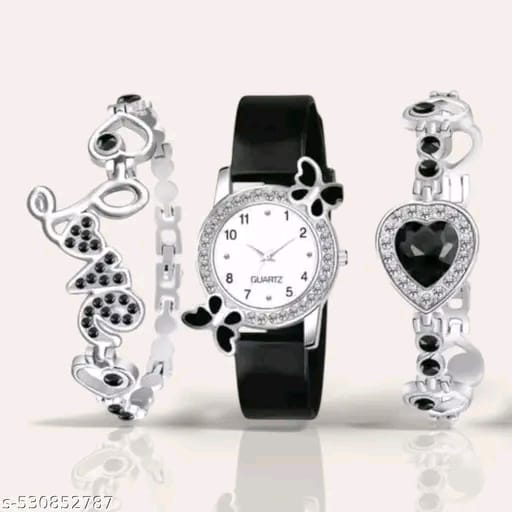 Stylish Pink Watch Combo with Love Bracelet & Heart Charm – Butterfly Dial Analog Watch for Women & Girls (Gift Set)