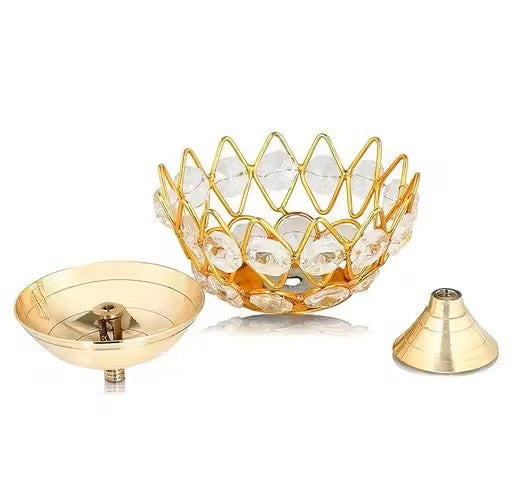Brass Crystal Diya (Set of 2) | Round Bowl Kamal Deep Akhand Jyoti Oil Lamp | Small 5 cm Brass Diya for Home Temple, Puja & Gifting