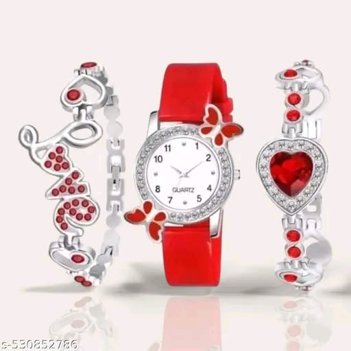 Stylish Pink Watch Combo with Love Bracelet & Heart Charm – Butterfly Dial Analog Watch for Women & Girls (Gift Set)