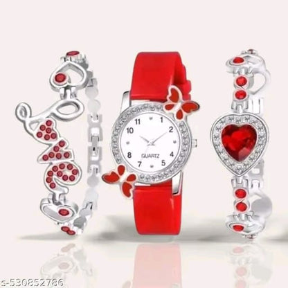 Stylish Pink Watch Combo with Love Bracelet & Heart Charm – Butterfly Dial Analog Watch for Women & Girls (Gift Set)