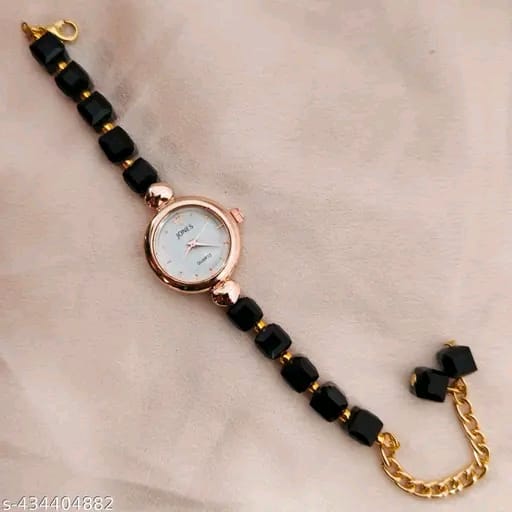 Stylish Black Crystal Beads Analog Watch – Rose Gold Dial, Trendy Timepiece for Women & Girls