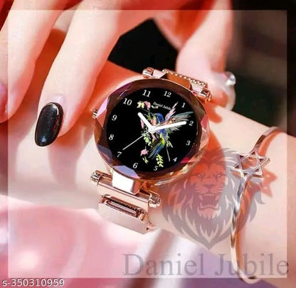 Rose Gold Magnetic Strap Mesh Watch – Stylish Analog Timepiece for Women & Girls (Black Dial)