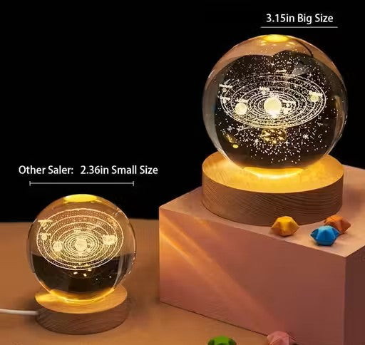 Universe Crystal Galaxy Ball Night Lamp | 3D Glass LED Night Light with Wooden Base | Galaxy Globe Lamp for Bedroom, Home Décor & Gifting