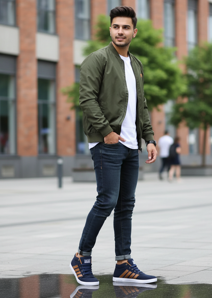 Navy Blue Solid High Ankle Shoes for Men – Lightweight Mesh Lace-Up Sneakers for Casual & Sports Wear