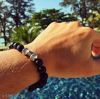 Black Dumbbell Bracelet for Men & Women – Adjustable Beaded Fitness Wristband, Stylish Gym Accessory & Motivational Jewelry