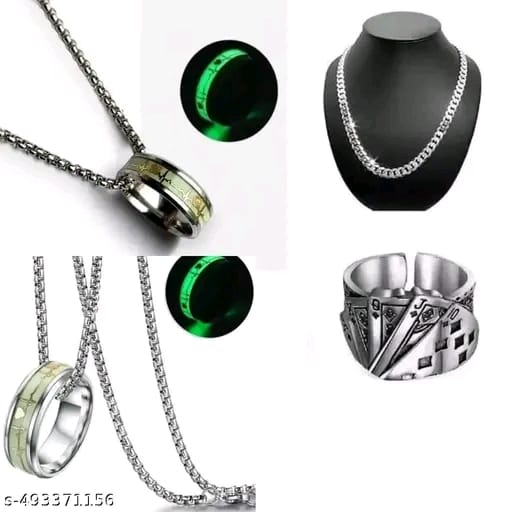 ✨ Combo of 3 – Stylish Chain, Pendant & Ring Set for Men & Boys | Radium Locket & Trendy Accessories