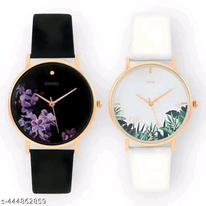 Stylish Leather Belt Watches for Girls – Combo Pack of 2, Round Dial with Floral Design, Alloy Case & Quartz Mechanism