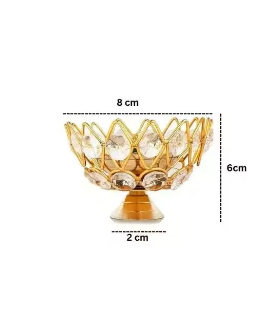 Brass Crystal Diya (Set of 2) | Round Bowl Kamal Deep Akhand Jyoti Oil Lamp | Small 5 cm Brass Diya for Home Temple, Puja & Gifting