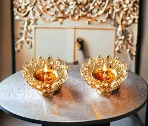Brass Crystal Diya (Set of 2) | Round Bowl Kamal Deep Akhand Jyoti Oil Lamp | Small 5 cm Brass Diya for Home Temple, Puja & Gifting