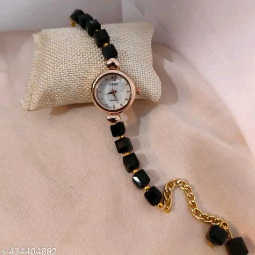Stylish Black Crystal Beads Analog Watch – Rose Gold Dial, Trendy Timepiece for Women & Girls