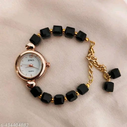 Stylish Black Crystal Beads Analog Watch – Rose Gold Dial, Trendy Timepiece for Women & Girls