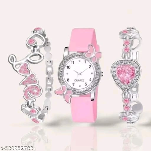 Stylish Pink Watch Combo with Love Bracelet & Heart Charm – Butterfly Dial Analog Watch for Women & Girls (Gift Set)