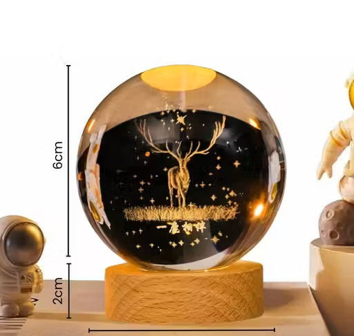 3D Deer Crystal Ball Night Lamp | USB LED Night Light with Wooden Base | Crystal Globe Lamp for Bedroom, Home Décor & Gifting