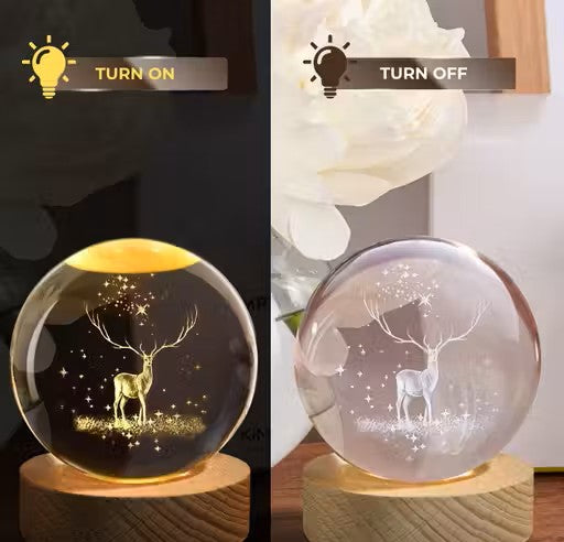 3D Deer Crystal Ball Night Lamp | USB LED Night Light with Wooden Base | Crystal Globe Lamp for Bedroom, Home Décor & Gifting