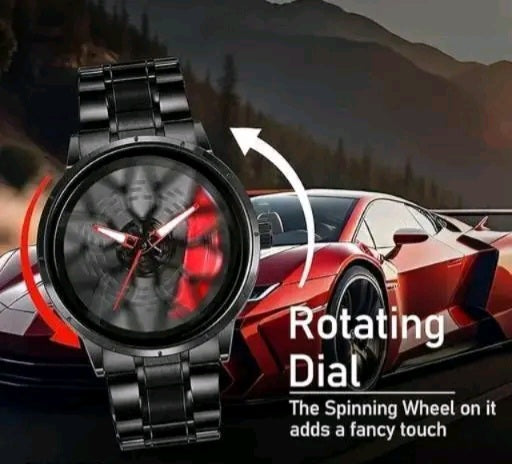 Men’s Sports Racing Rim Watch – Rotating Dial, Steel Band