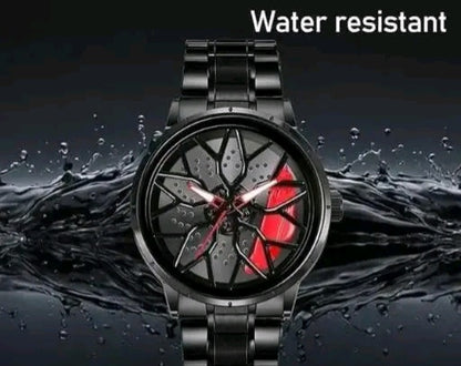 Men’s Sports Racing Rim Watch – Rotating Dial, Steel Band