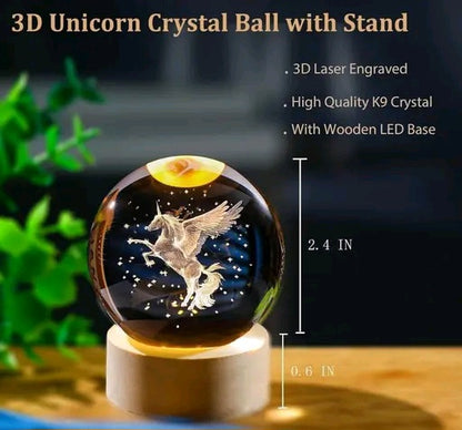 ✨ Elegant 3D Engraved Unicorn Crystal Ball Night Light 🌙 | Natural Wooden LED Base 🪵 USB Powered Decorative Fantasy Lamp 💫 Perfect for Bedroom, Desk, Meditation & Premium Gifting 🎁 (Pack of 1)