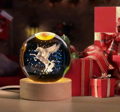 ✨ Elegant 3D Engraved Unicorn Crystal Ball Night Light 🌙 | Natural Wooden LED Base 🪵 USB Powered Decorative Fantasy Lamp 💫 Perfect for Bedroom, Desk, Meditation & Premium Gifting 🎁 (Pack of 1)