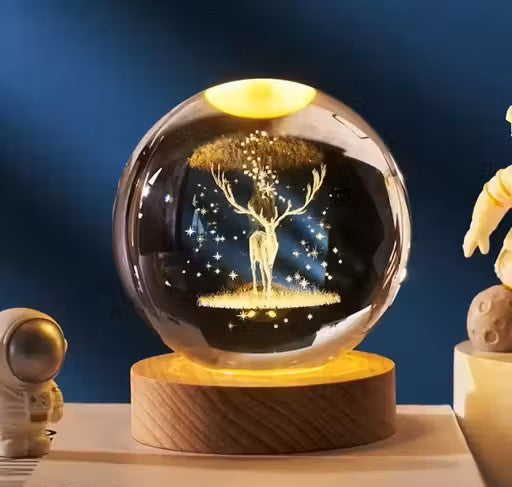 3D Deer Crystal Ball Night Lamp | USB LED Night Light with Wooden Base | Crystal Globe Lamp for Bedroom, Home Décor & Gifting