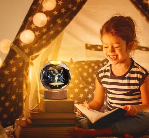 3D Deer Crystal Ball Night Lamp | USB LED Night Light with Wooden Base | Crystal Globe Lamp for Bedroom, Home Décor & Gifting